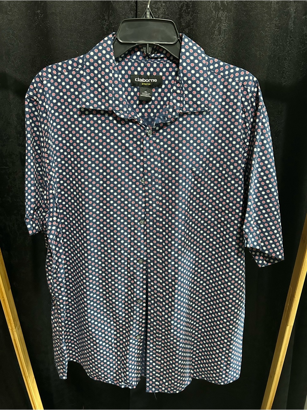 Claiborne Navy Shirt with White and Red Dot Geo Print